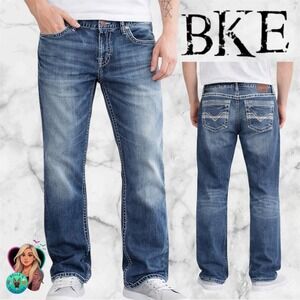 BKE Derek Bootcut Jeans Mens 36R Medium Wash Thick Stitch Denim Blue